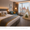 Family-friendly hotel room in Wrocław with a large bed, children's play teepee, and city view