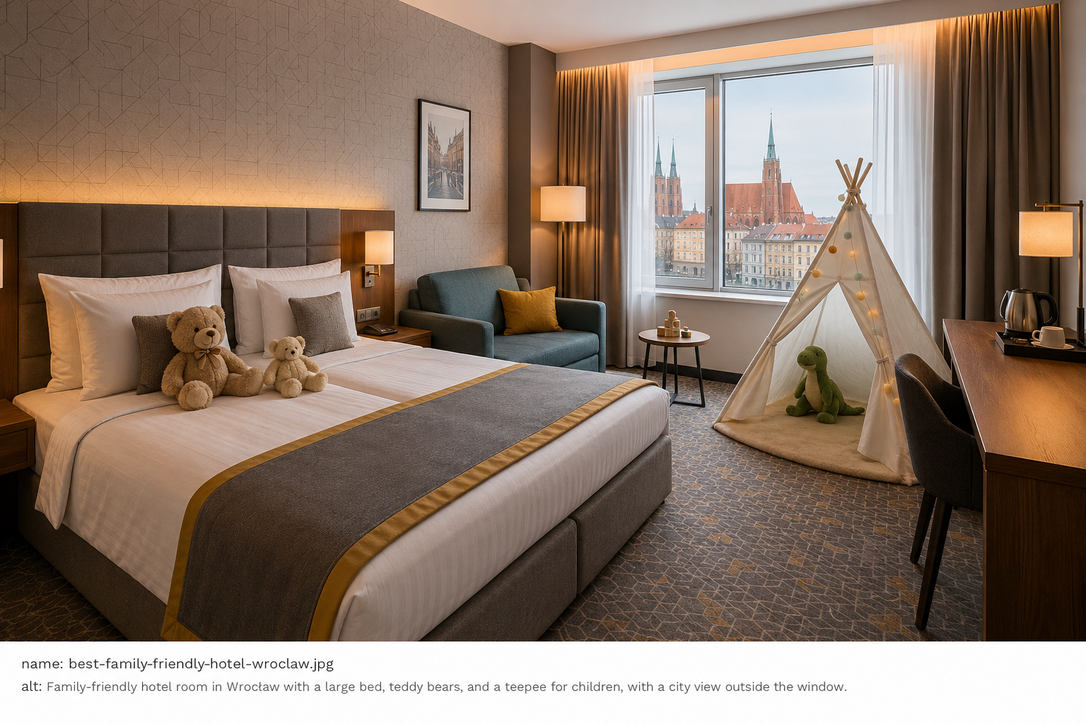 Family-friendly hotel room in Wrocław with a large bed, children's play teepee, and city view