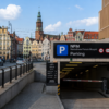 Underground parking near Wrocław Market Square with the Old Town and St. Elizabeth Church in the background