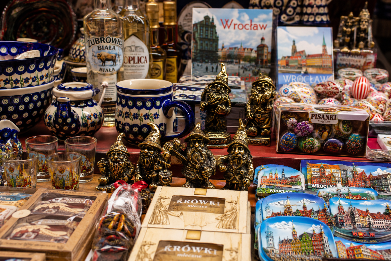 Best places to buy Polish souvenirs in Wrocław with Bolesławiec pottery, amber jewelry, Polish sweets and Wrocław dwarf souvenirs displayed in a traditional shop