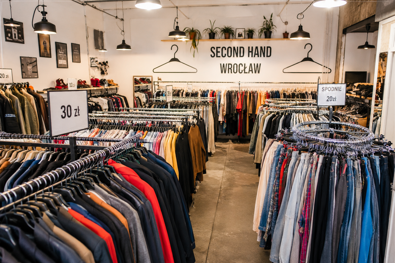 Interior of a popular second-hand clothing store in Wrocław with racks of affordable vintage and branded clothes