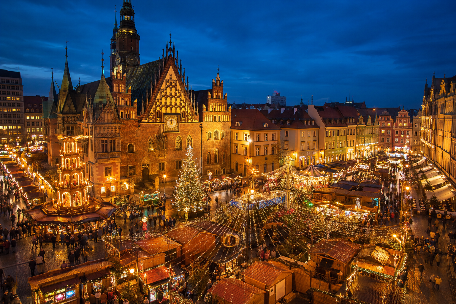 Wrocław Christmas Market at night in the Market Square with festive lights and historic Town Hall