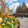 Easter decorations and spring market on Wrocław Market Square with the historic Town Hall in the background