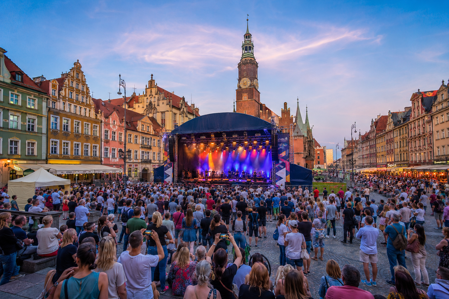 Free outdoor concert in Wrocław Market Square with crowds enjoying a public event in the city center