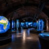 Hydropolis Wrocław interactive water science museum interior with multimedia exhibits and illuminated globe