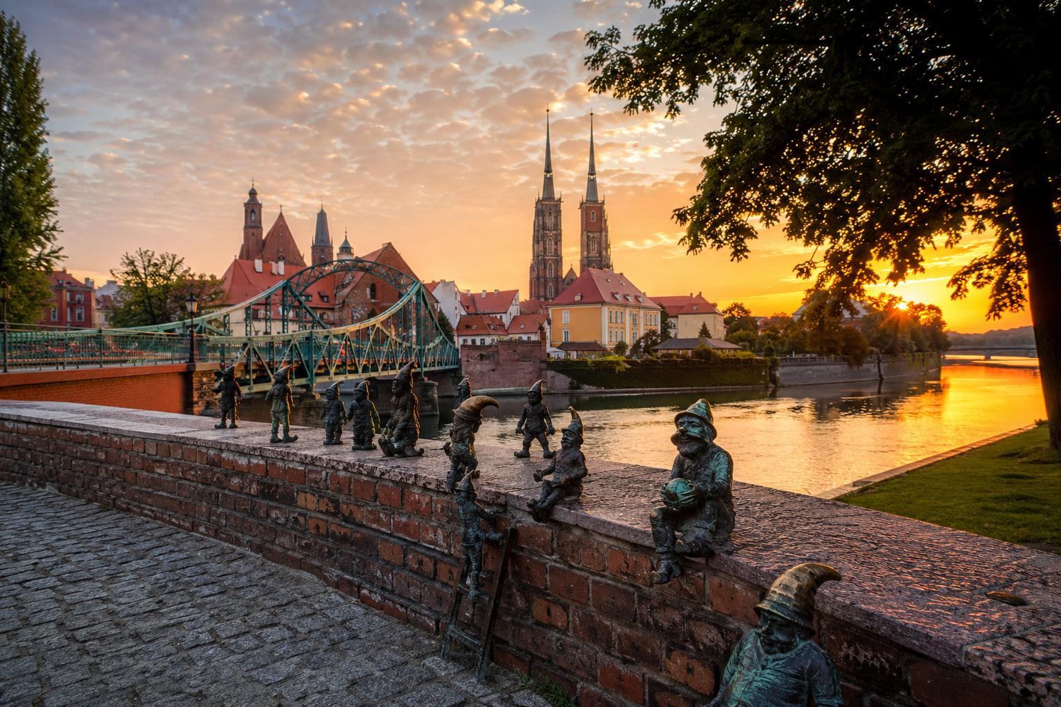 Sunset view of Wrocław with cathedral towers, river, bridge and famous dwarfs in the foreground