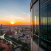 Sky Tower Viewpoint in Wrocław at sunset with panoramic city views over the Old Town and Oder River