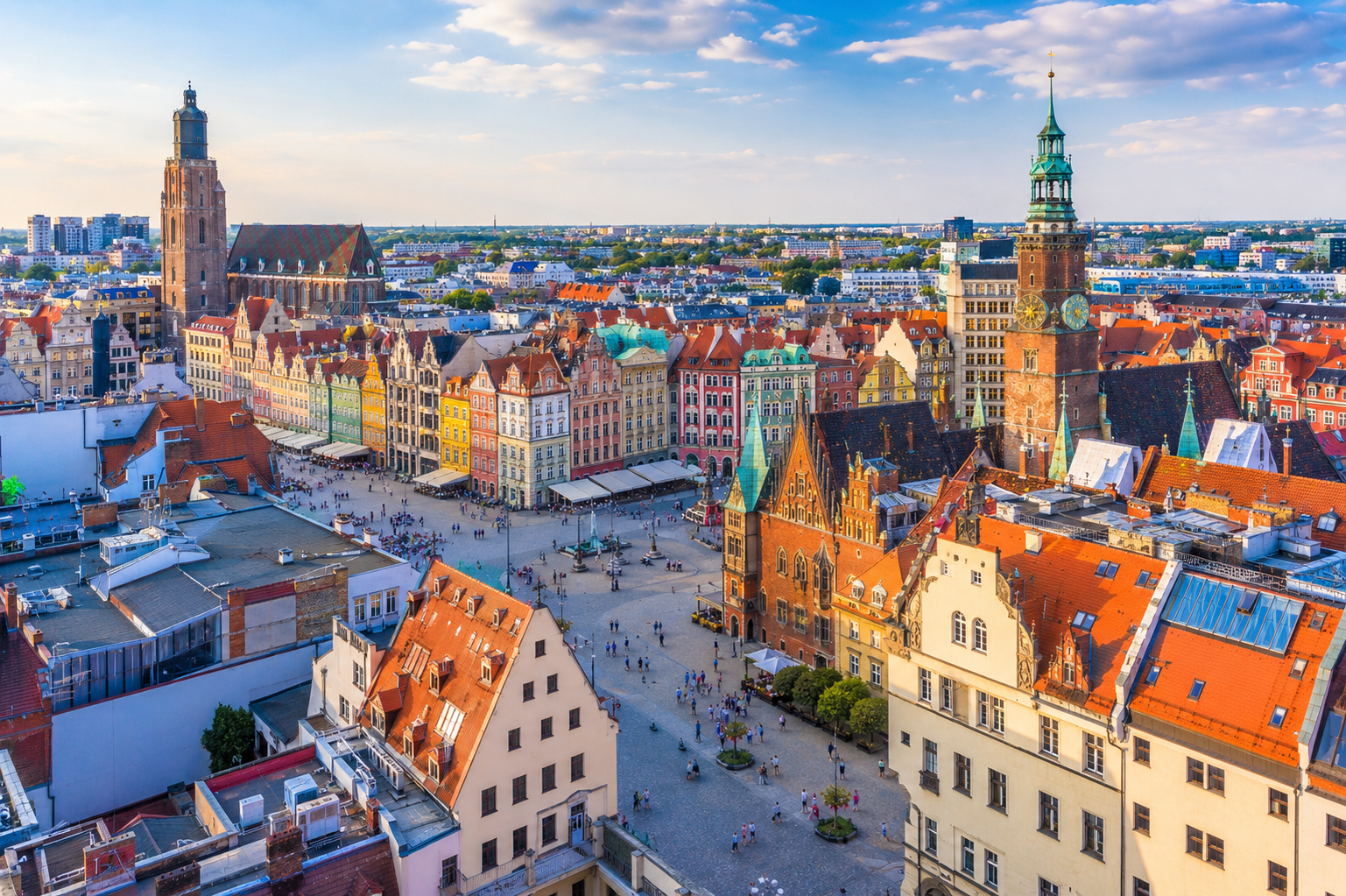 Where to stay in Wrocław for first-time visitors – panoramic view of the Old Town and Market Square from above