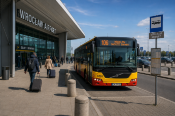 Bus 106 waiting outside Wrocław Airport terminal, the main public transport connection to the city centre