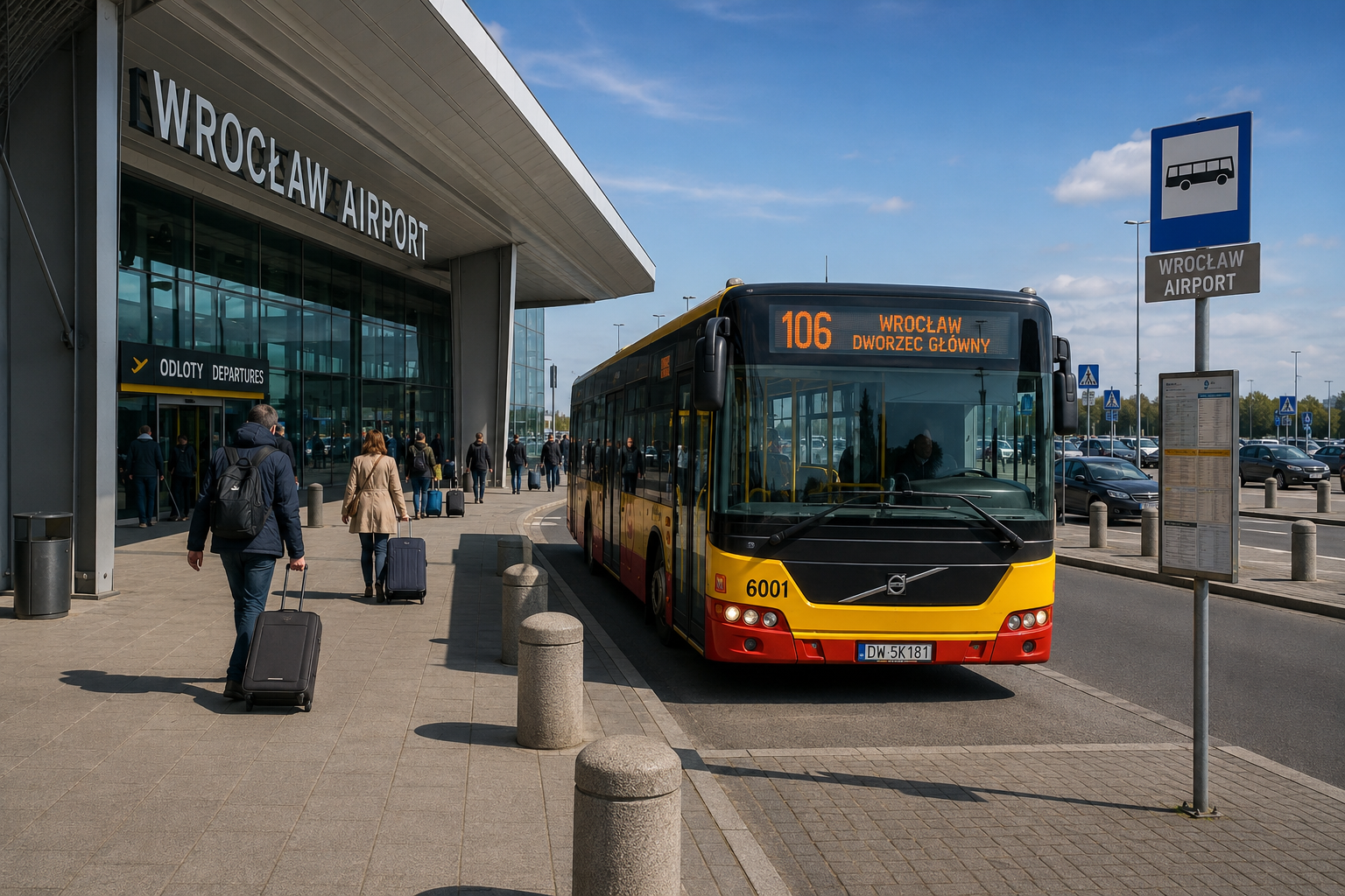 Bus 106 waiting outside Wrocław Airport terminal, the main public transport connection to the city centre