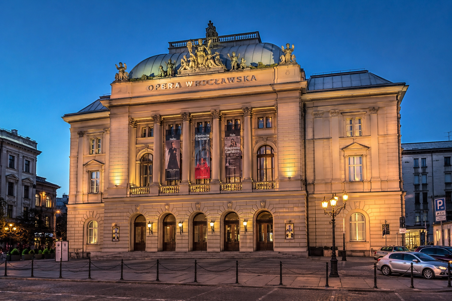 Wrocław Opera (Opera Wrocławska) illuminated in the evening in central Wrocław